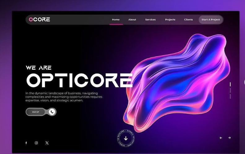 Landing page design with a 3D fluid gradient hero
