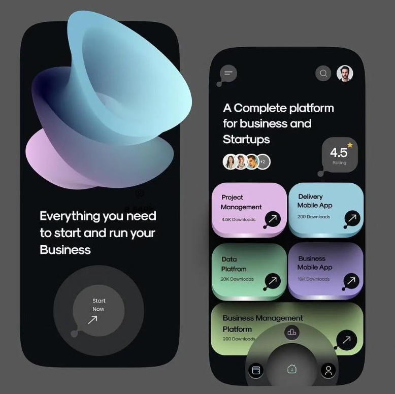 Mobile app UI concept for a business platform